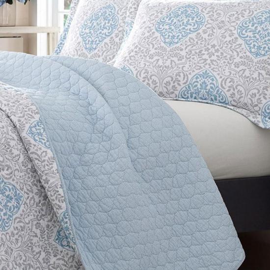 cxmicrotex Stramenta 3 Pieces Quilt Set Reversible Blue Damask Bedspread